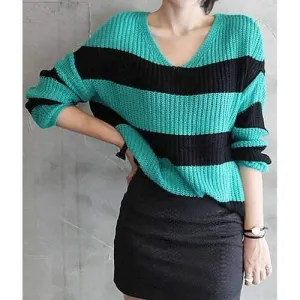 Vintage V-Neck Striped Print Sweater For Women - One Size(fit Size Xs To M)