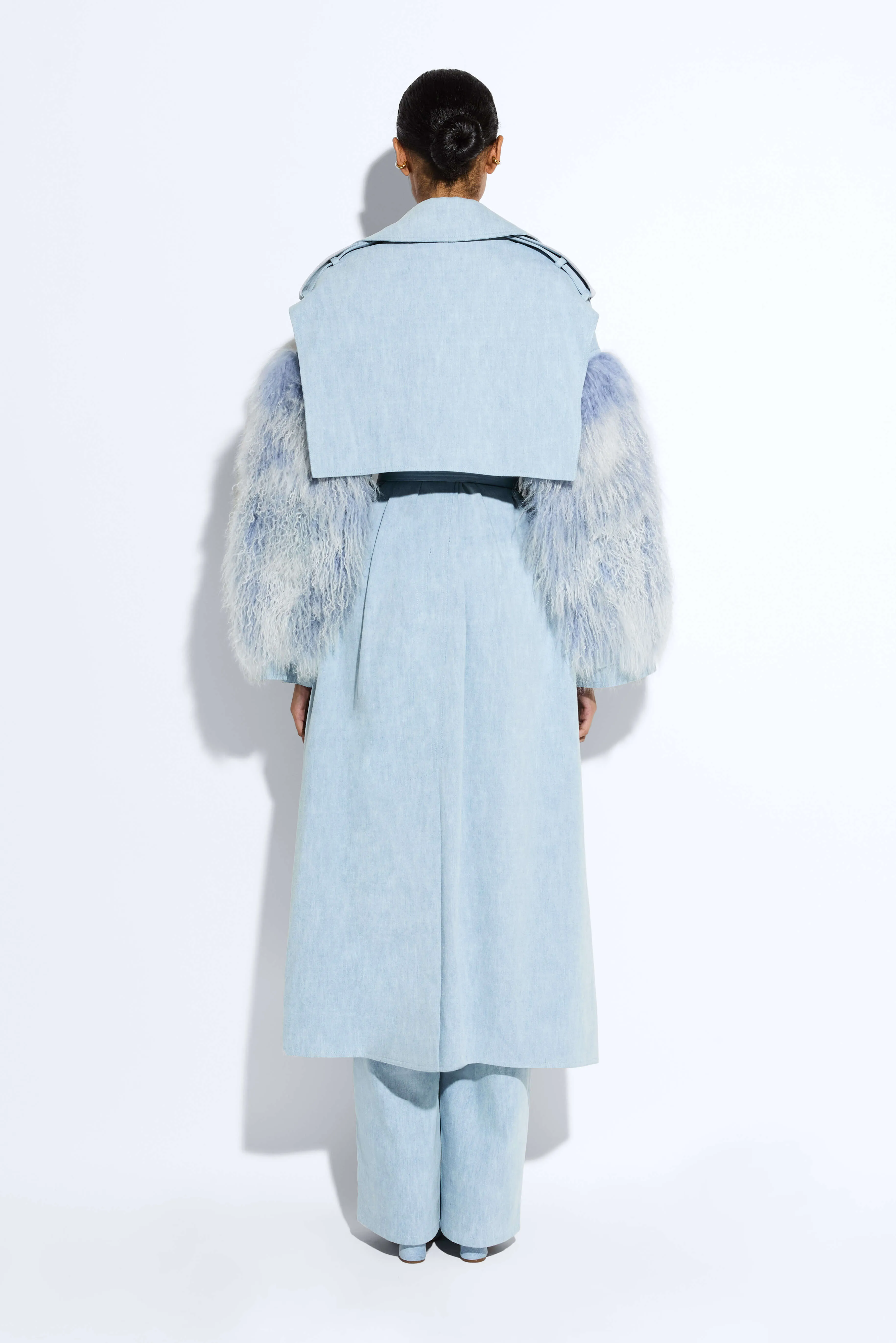 Washed Denim Double Breasted Trench With Shearling