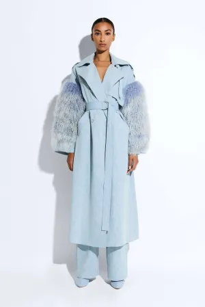 Washed Denim Double Breasted Trench With Shearling