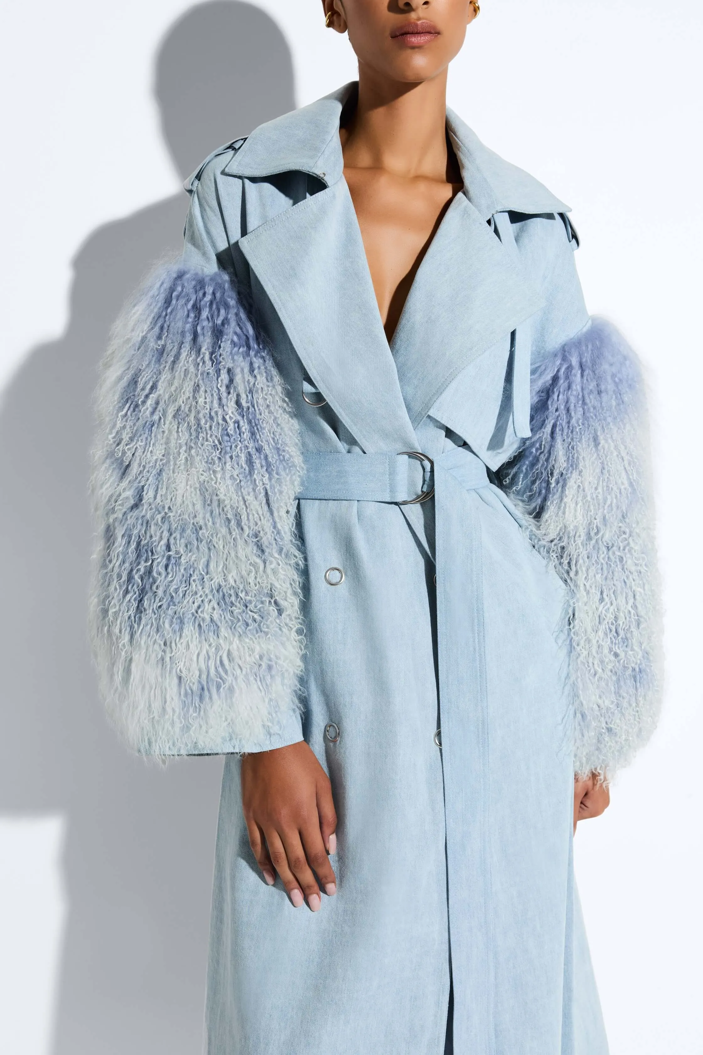 Washed Denim Double Breasted Trench With Shearling