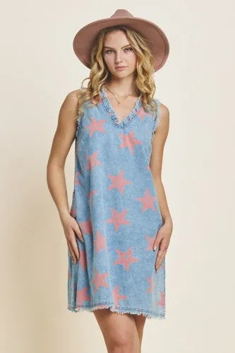 Washed Denim Star Printed Dress