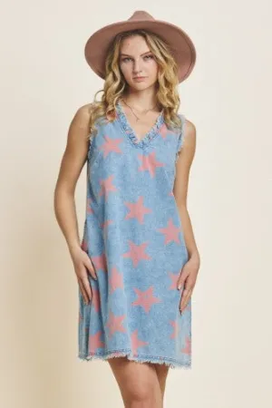 Washed Denim Star Printed Dress