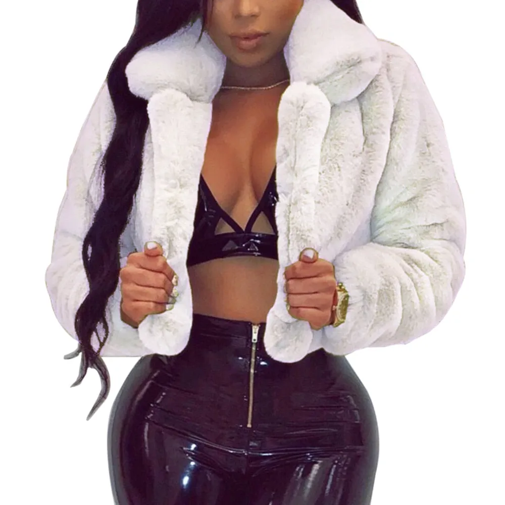 WENYUJH Winter Warm Fluffy Faux Fur Coats Jackets Women Furry Fake Fur Cropped Jackets Turn Down Collar Open Front Overcoats