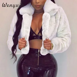 WENYUJH Winter Warm Fluffy Faux Fur Coats Jackets Women Furry Fake Fur Cropped Jackets Turn Down Collar Open Front Overcoats