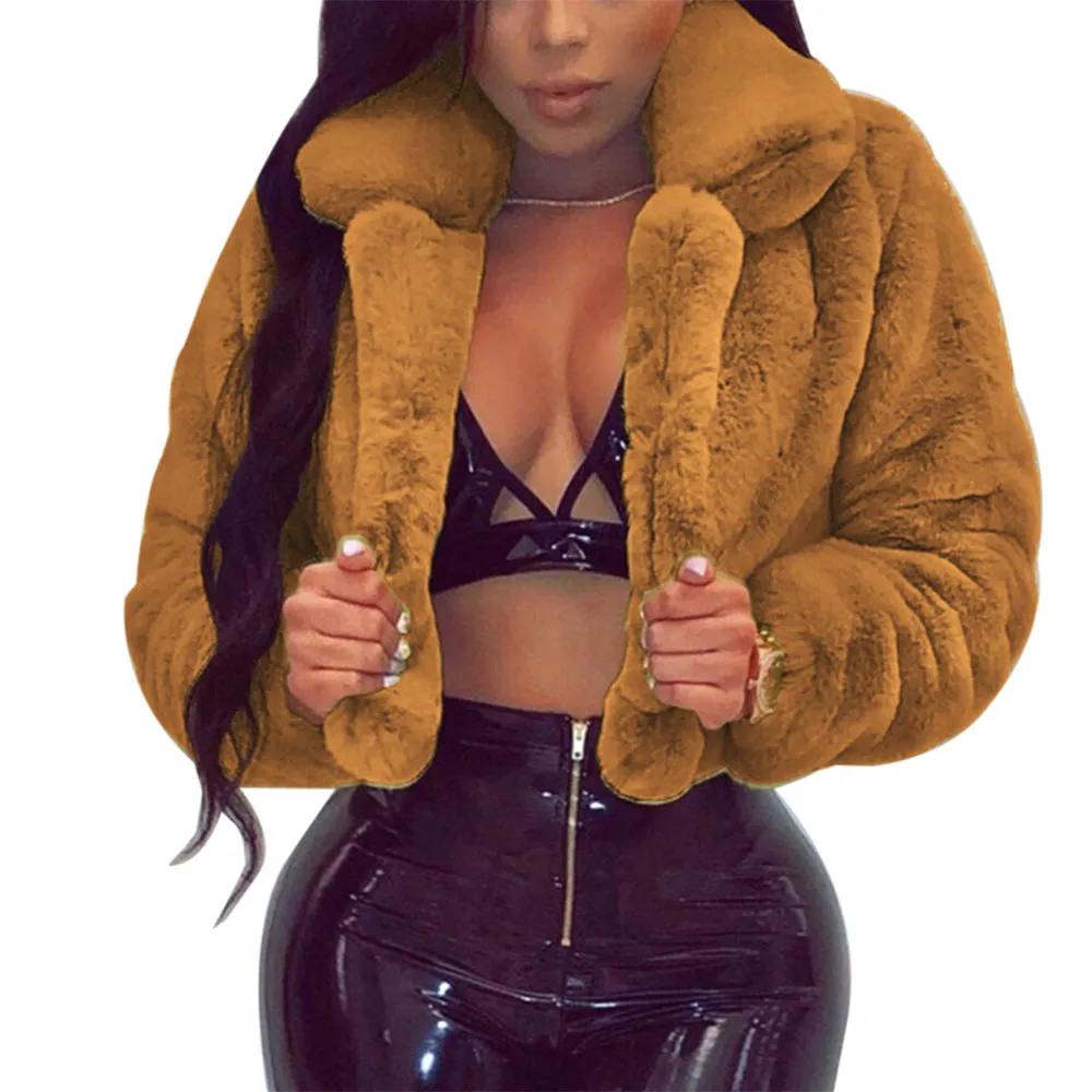 WENYUJH Winter Warm Fluffy Faux Fur Coats Jackets Women Furry Fake Fur Cropped Jackets Turn Down Collar Open Front Overcoats