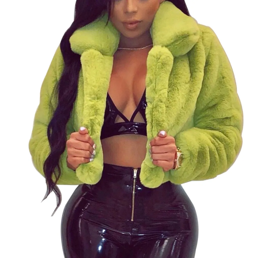 WENYUJH Winter Warm Fluffy Faux Fur Coats Jackets Women Furry Fake Fur Cropped Jackets Turn Down Collar Open Front Overcoats