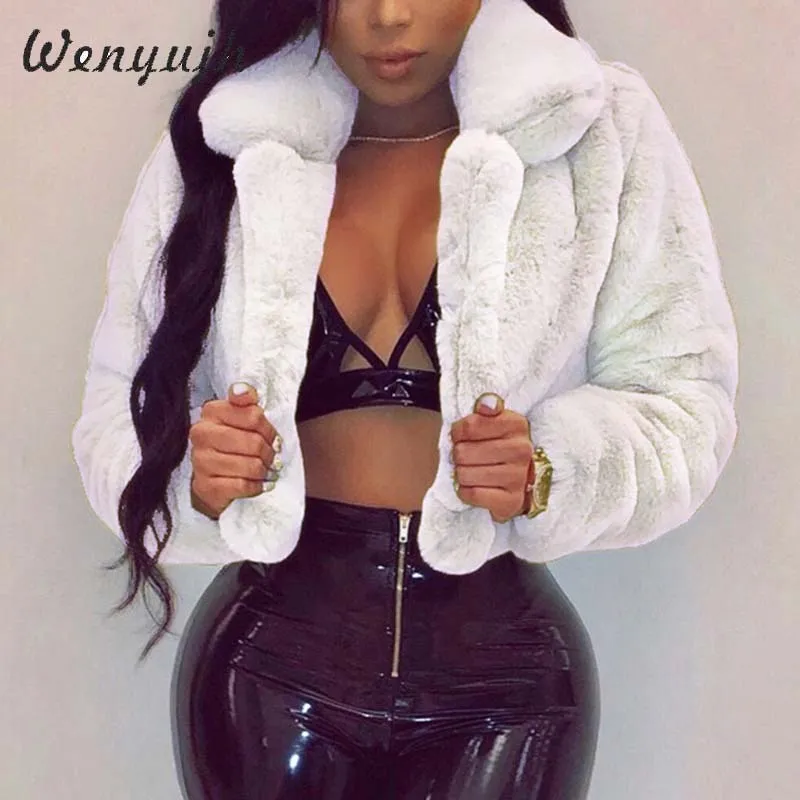WENYUJH Winter Warm Fluffy Faux Fur Coats Jackets Women Furry Fake Fur Cropped Jackets Turn Down Collar Open Front Overcoats