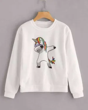 White with Rainbow Funky Unicorn Print Sweat Shirt For womens