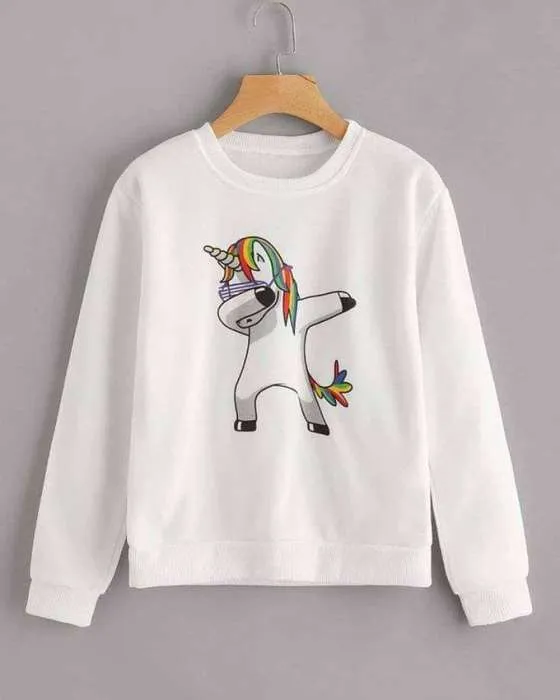 White with Rainbow Funky Unicorn Print Sweat Shirt For womens