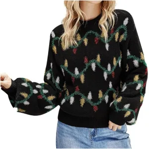 Women Christmas Lights Decorate Jacquard-Weave Knit Sweater