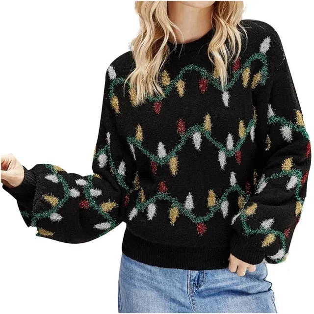 Women Christmas Lights Decorate Jacquard-Weave Knit Sweater