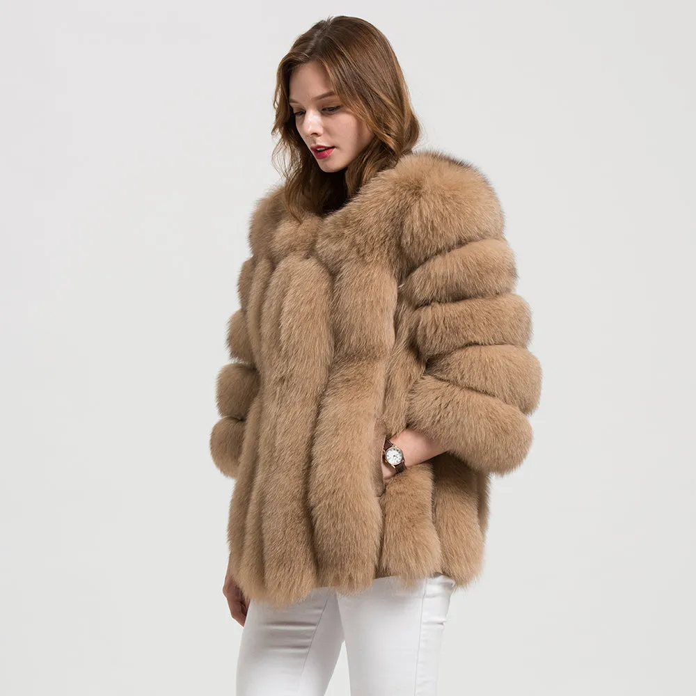 Women Real Fox Fur Coat 3/4 Sleeves Winter Vertical Jacket