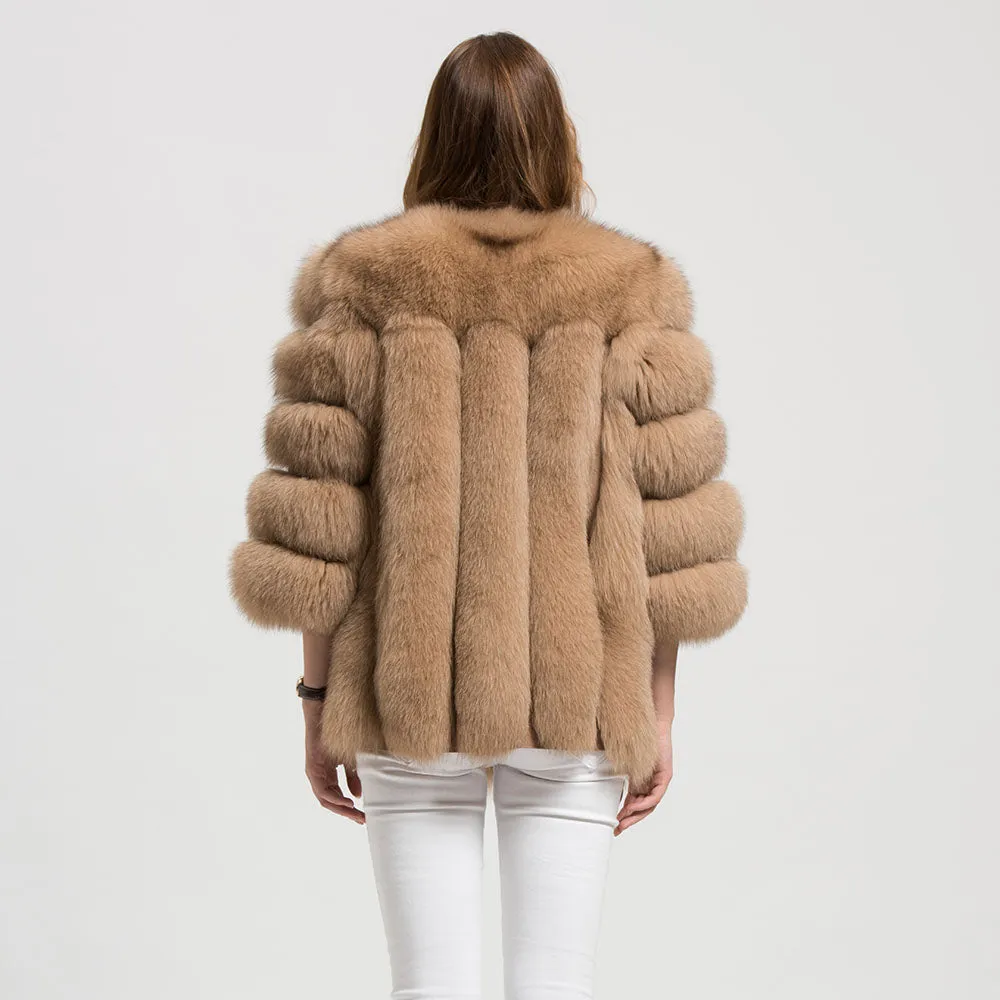 Women Real Fox Fur Coat 3/4 Sleeves Winter Vertical Jacket