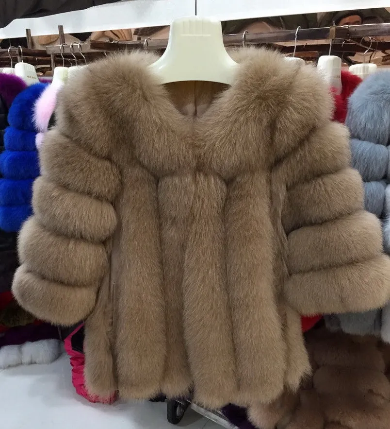 Women Real Fox Fur Coat 3/4 Sleeves Winter Vertical Jacket