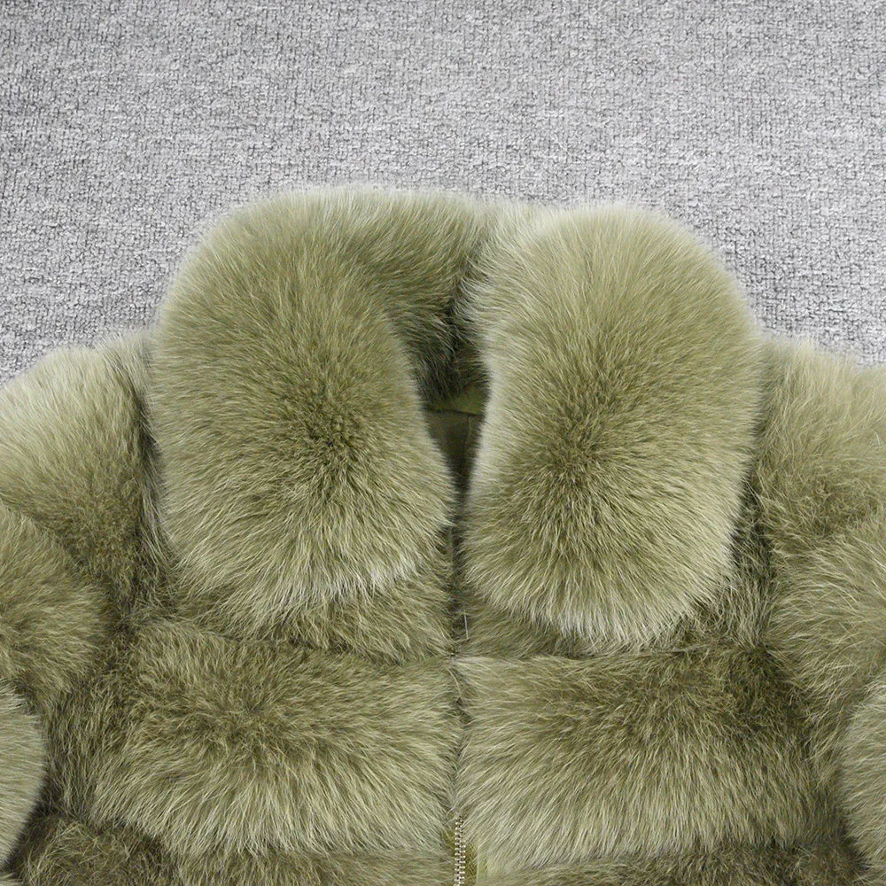 Women Real Fox Fur Collared Cropped Coat with Long Sleeves
