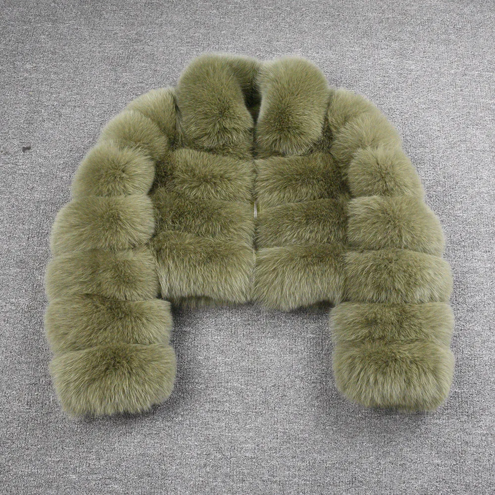 Women Real Fox Fur Collared Cropped Coat with Long Sleeves