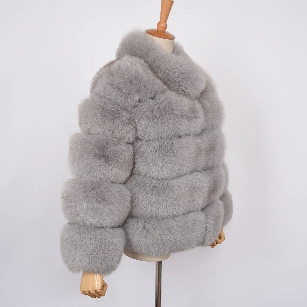 Women Real Fox Fur Long Coat Fur Jacket Grey