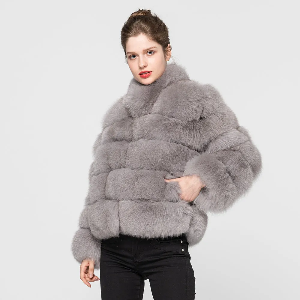 Women Real Fox Fur Long Coat Fur Jacket Grey