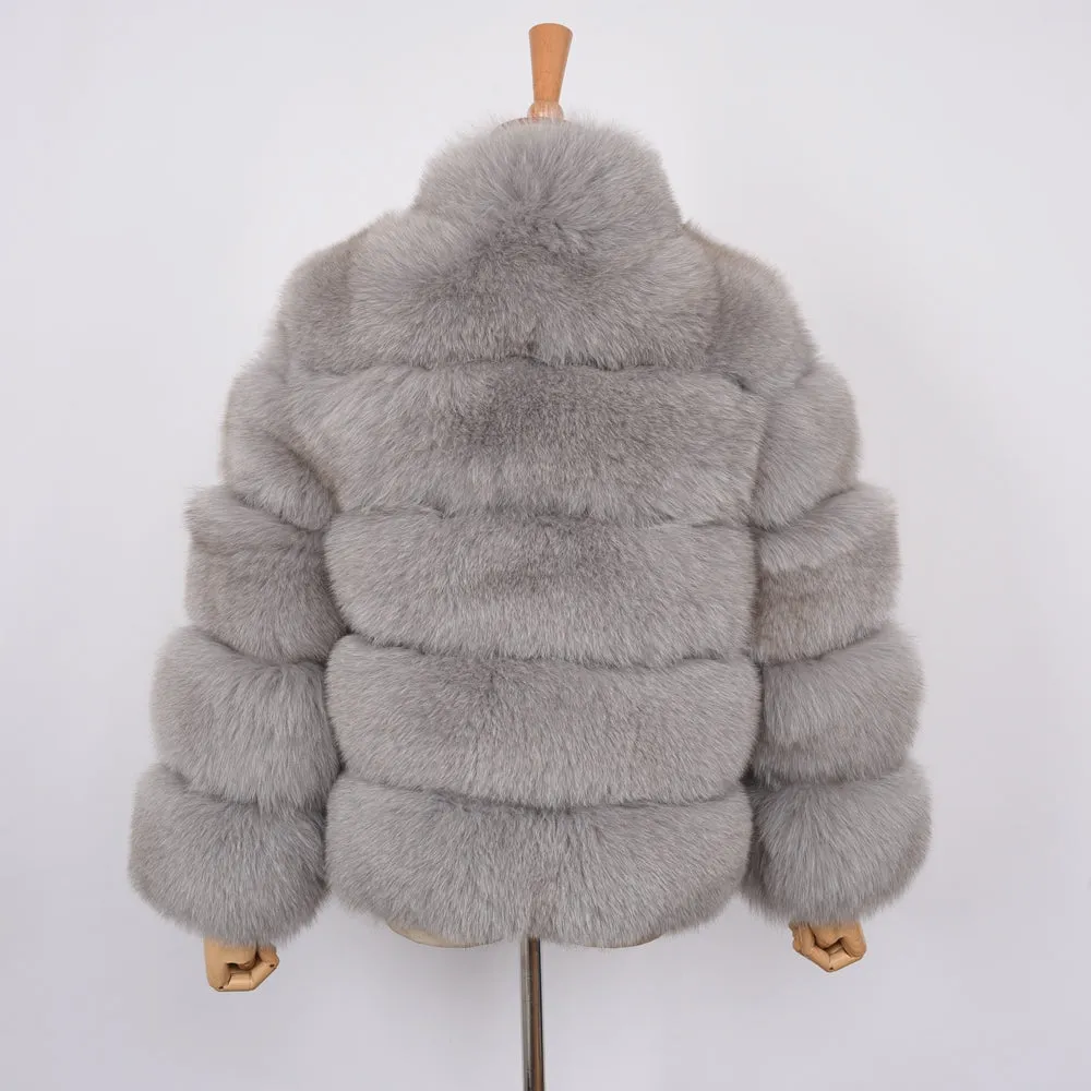 Women Real Fox Fur Long Coat Fur Jacket Grey