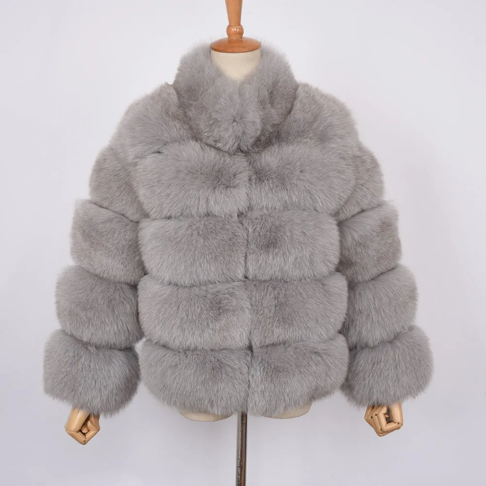 Women Real Fox Fur Long Coat Fur Jacket Grey