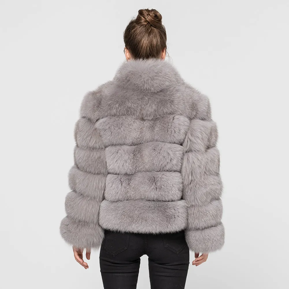 Women Real Fox Fur Long Coat Fur Jacket Grey
