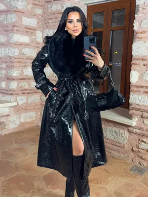 Women's Croco Faux Leather Long Coat with Fur Collar