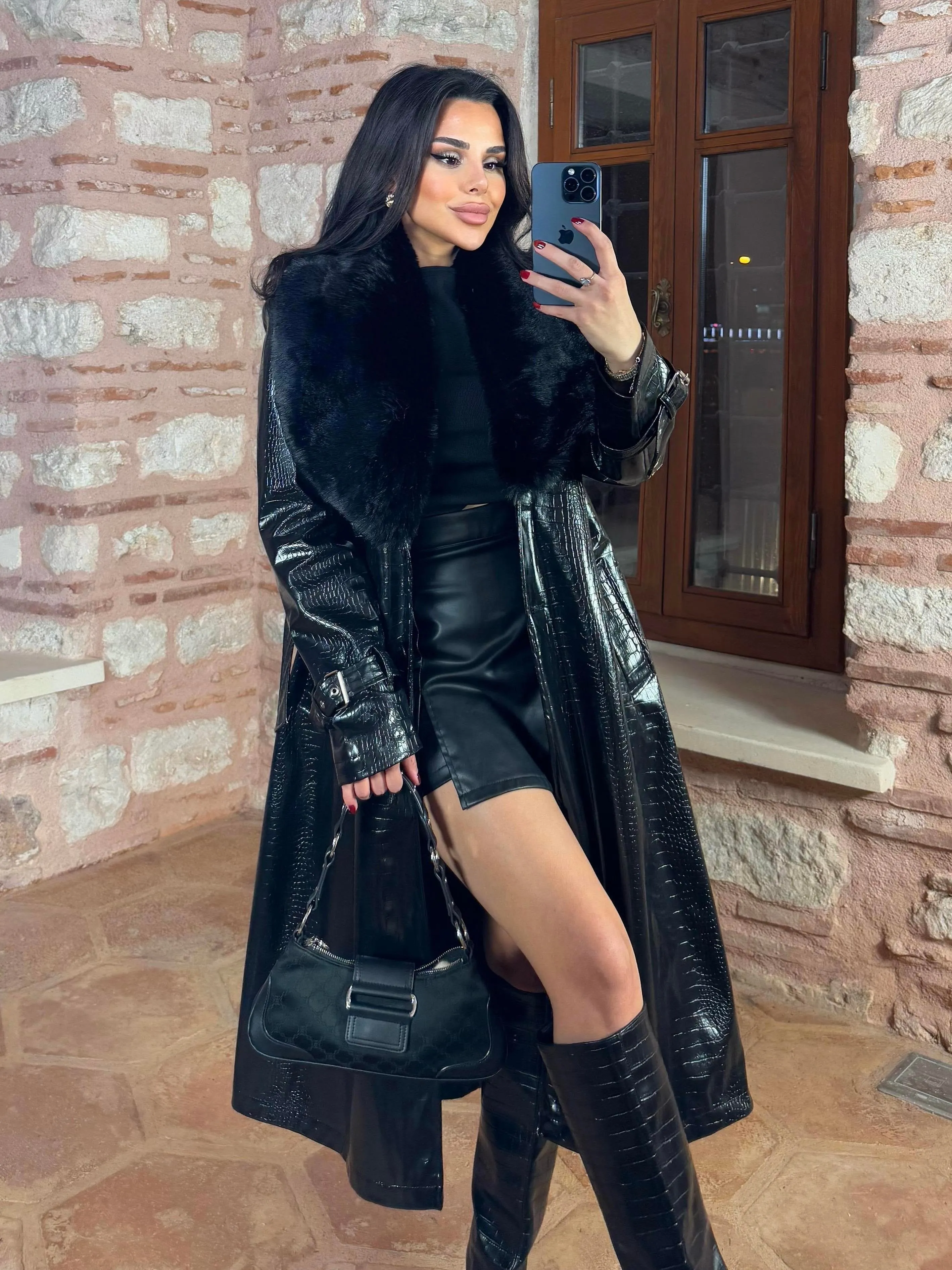Women's Croco Faux Leather Long Coat with Fur Collar