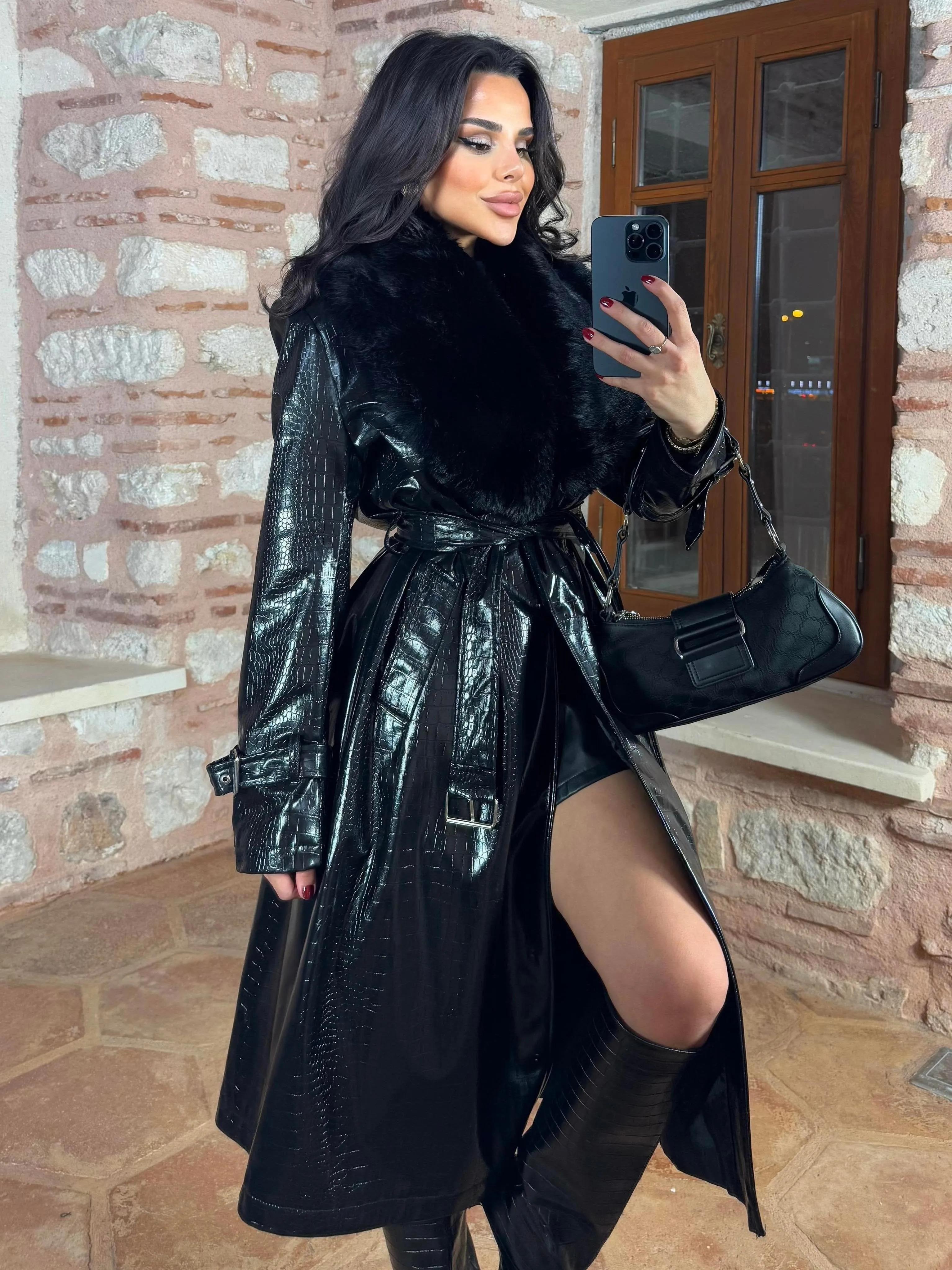 Women's Croco Faux Leather Long Coat with Fur Collar