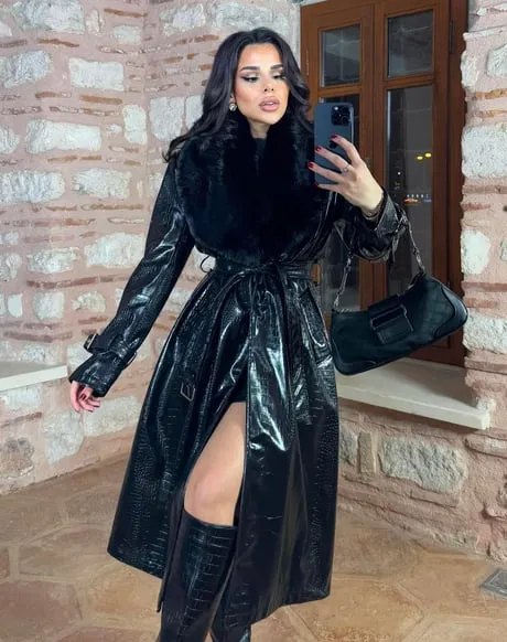 Women's Croco Faux Leather Long Coat with Fur Collar