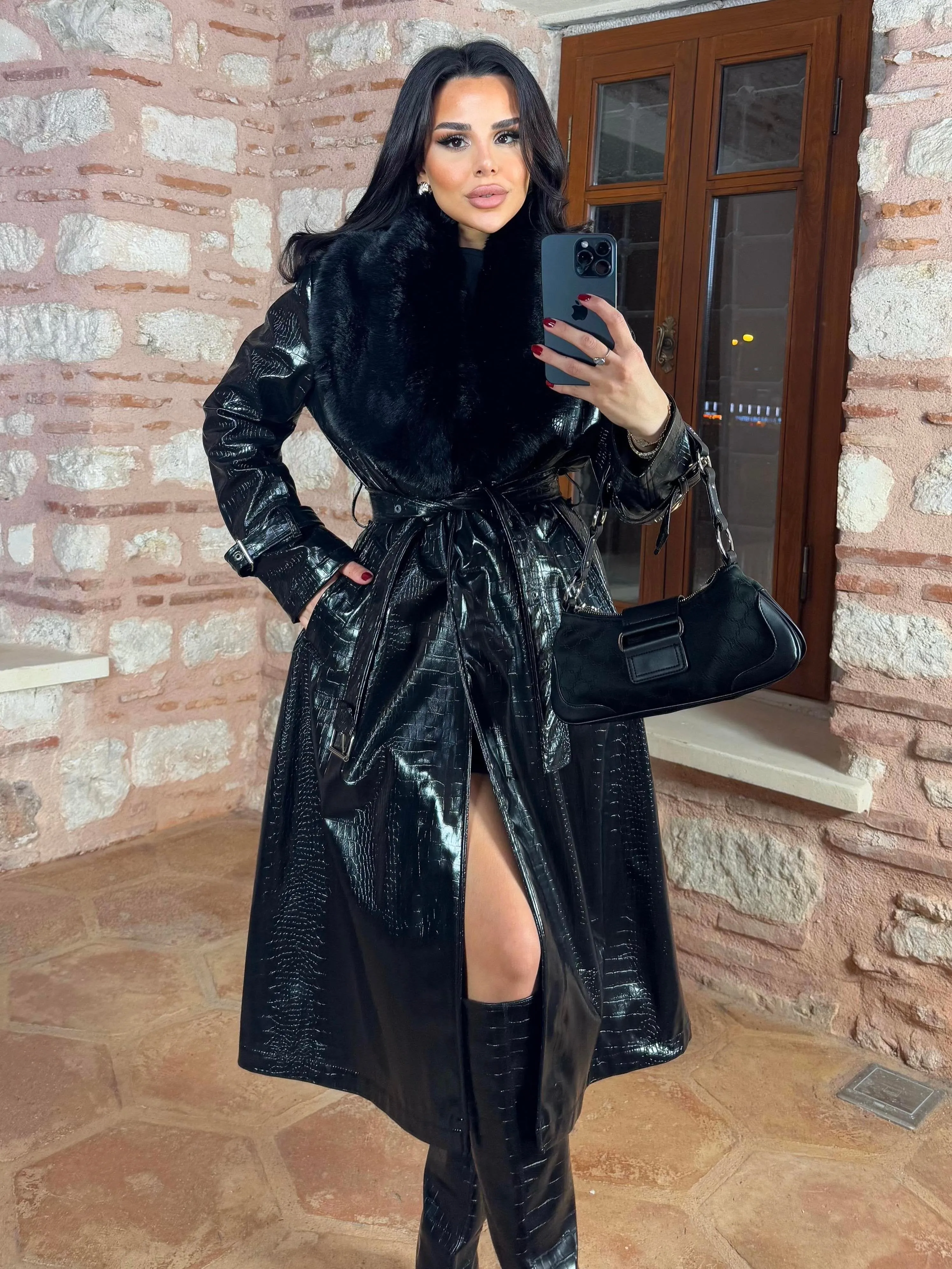 Women's Croco Faux Leather Long Coat with Fur Collar