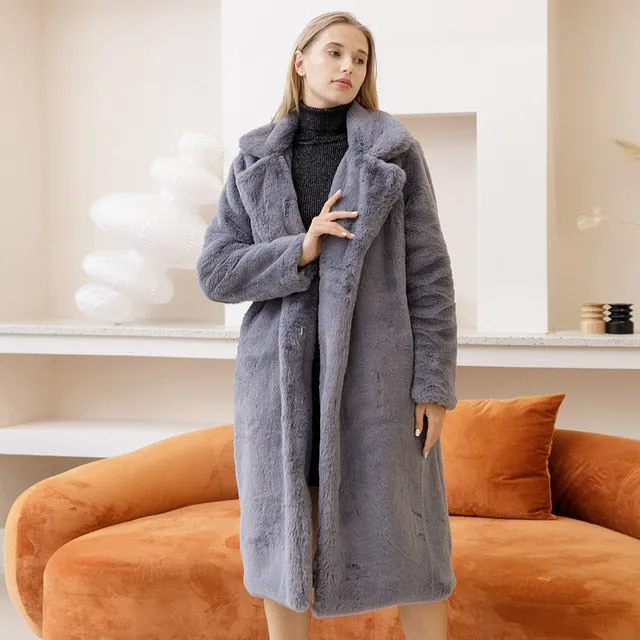 Women's Elegant Long Faux Fur Coat Loose High Quality Thick Warm Winter Vegan Fur Overcoat