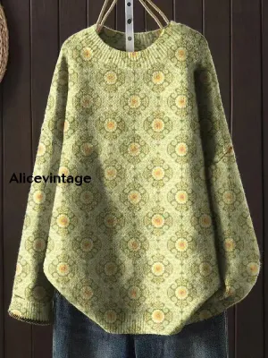 Women's Fashion Elegant Floral Art Print Round Neck Long Sleeve Sweater