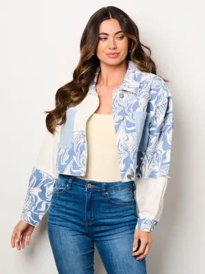 WOMEN'S LONG SLEEVE BUTTON UP COLORBLOCK PRINTED DENIM JACKET