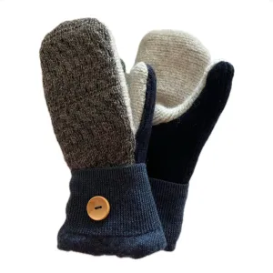 Women's Mittens Petite with Buttons - Navy & Cream - 572