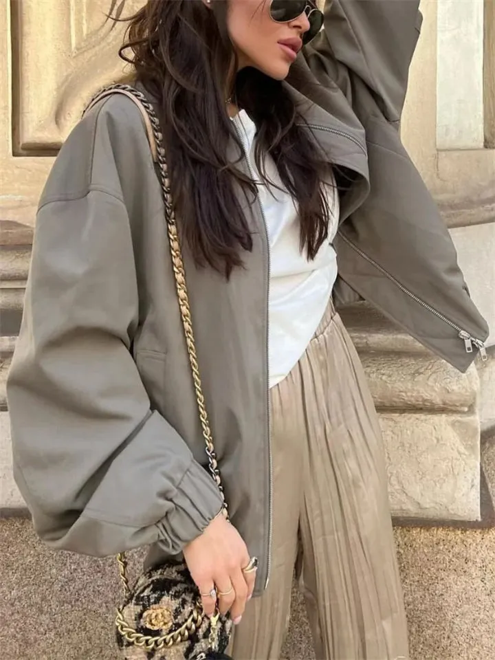 Women's Oversized Long Sleeve Zipper Bomber Coat