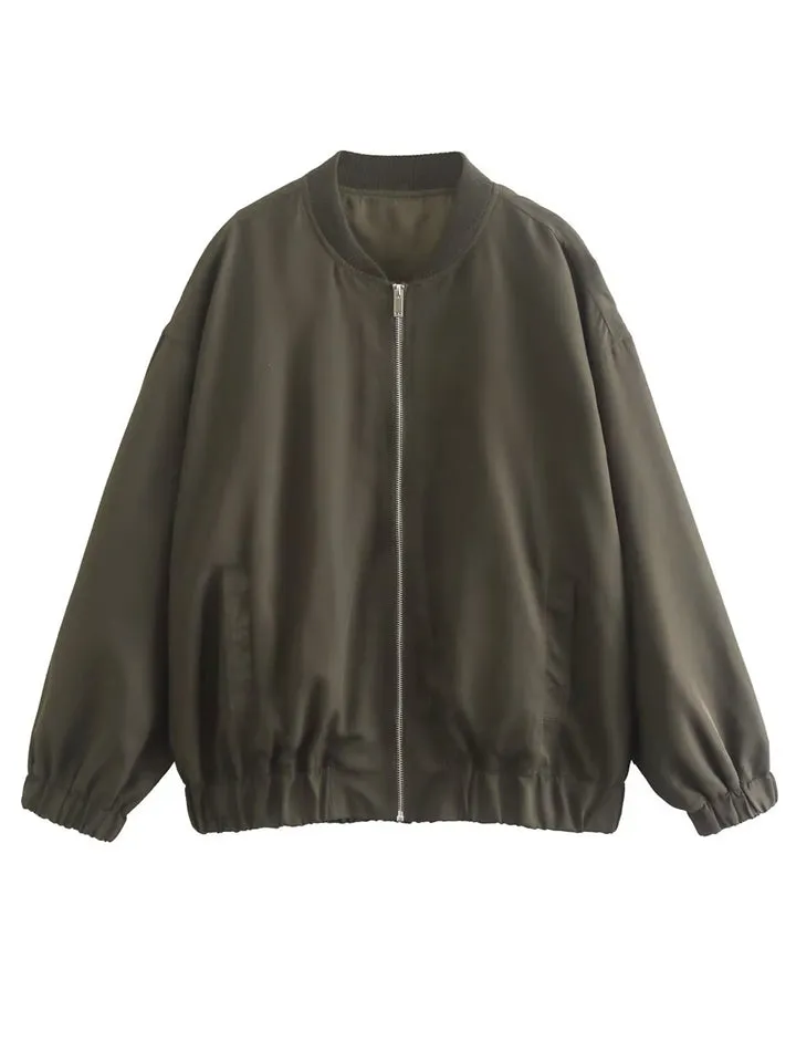 Women's Oversized Long Sleeve Zipper Bomber Coat
