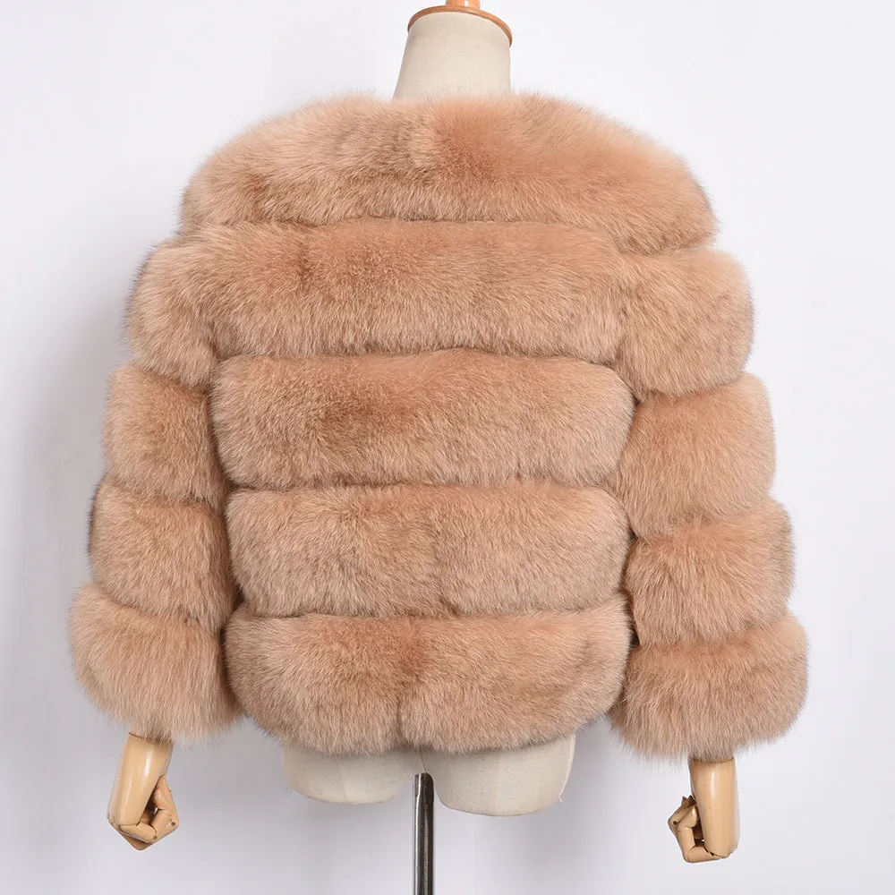 Women's Real Fox Fur Coats Winter Warm Crop Jacket Camel