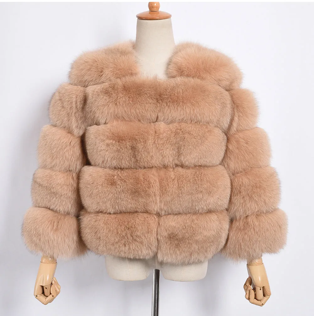 Women's Real Fox Fur Coats Winter Warm Crop Jacket Camel