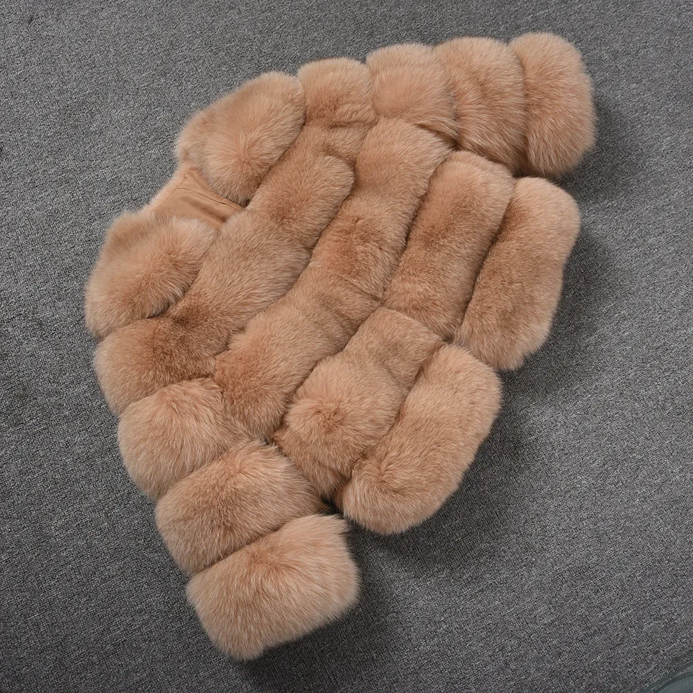 Women's Real Fox Fur Coats Winter Warm Crop Jacket Camel