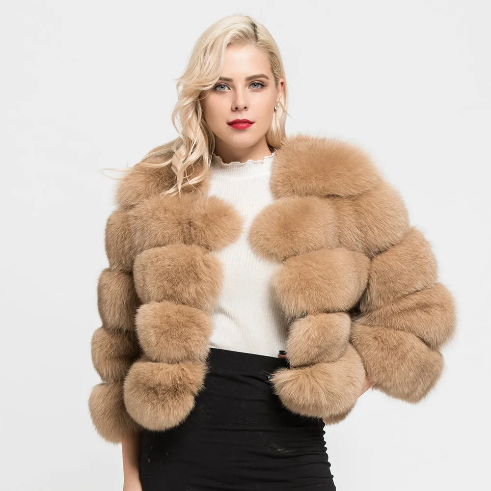 Women's Real Fox Fur Coats Winter Warm Crop Jacket Camel