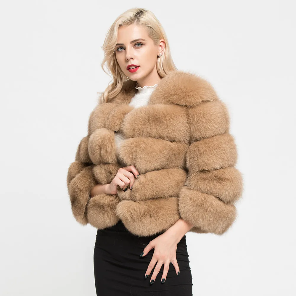 Women's Real Fox Fur Coats Winter Warm Crop Jacket Camel