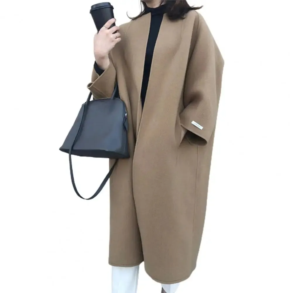 Woolen Cardigan Solid Color Long Overcoat