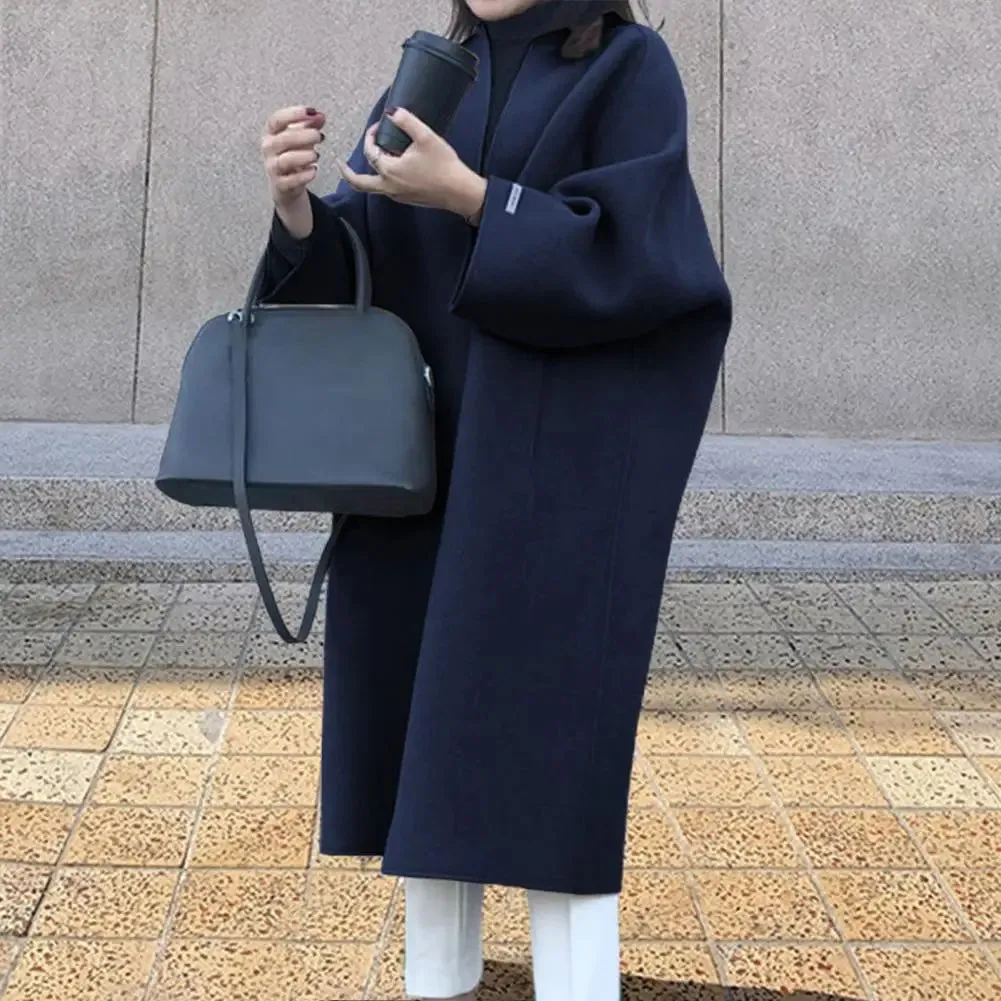 Woolen Cardigan Solid Color Long Overcoat