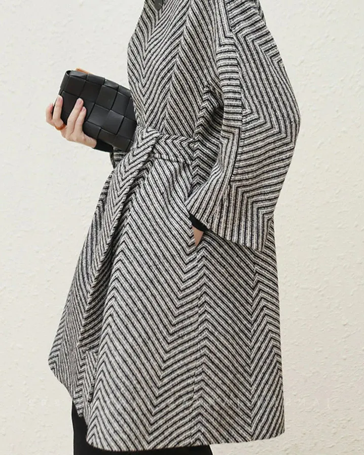 Zigzag Woolen Sashes A-Line Overcoat
