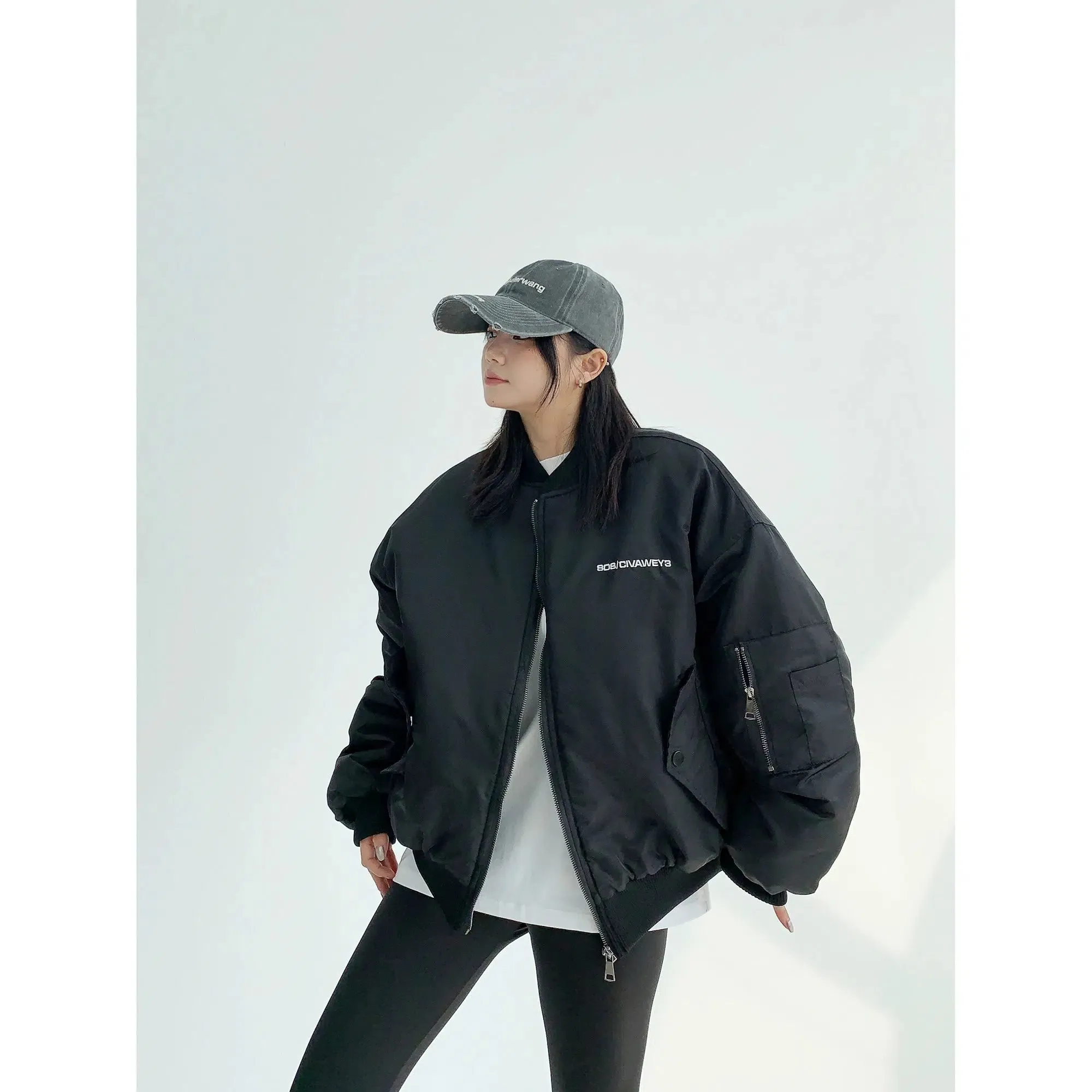 Zipper Pockets Oversized Bomber Coat